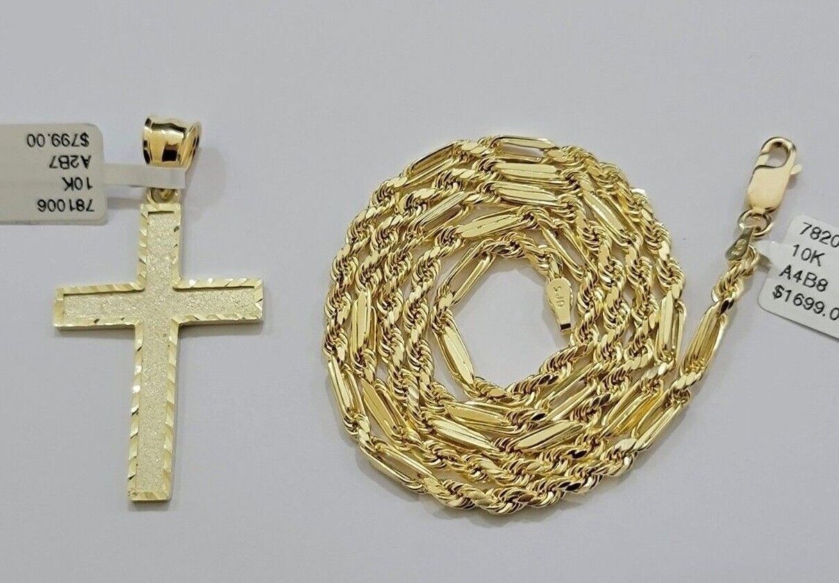 10k Gold Milano Rope Chain Plain Cross Charm Pendant Set 18 - 24'' Inches Necklace - GoldenlinQ